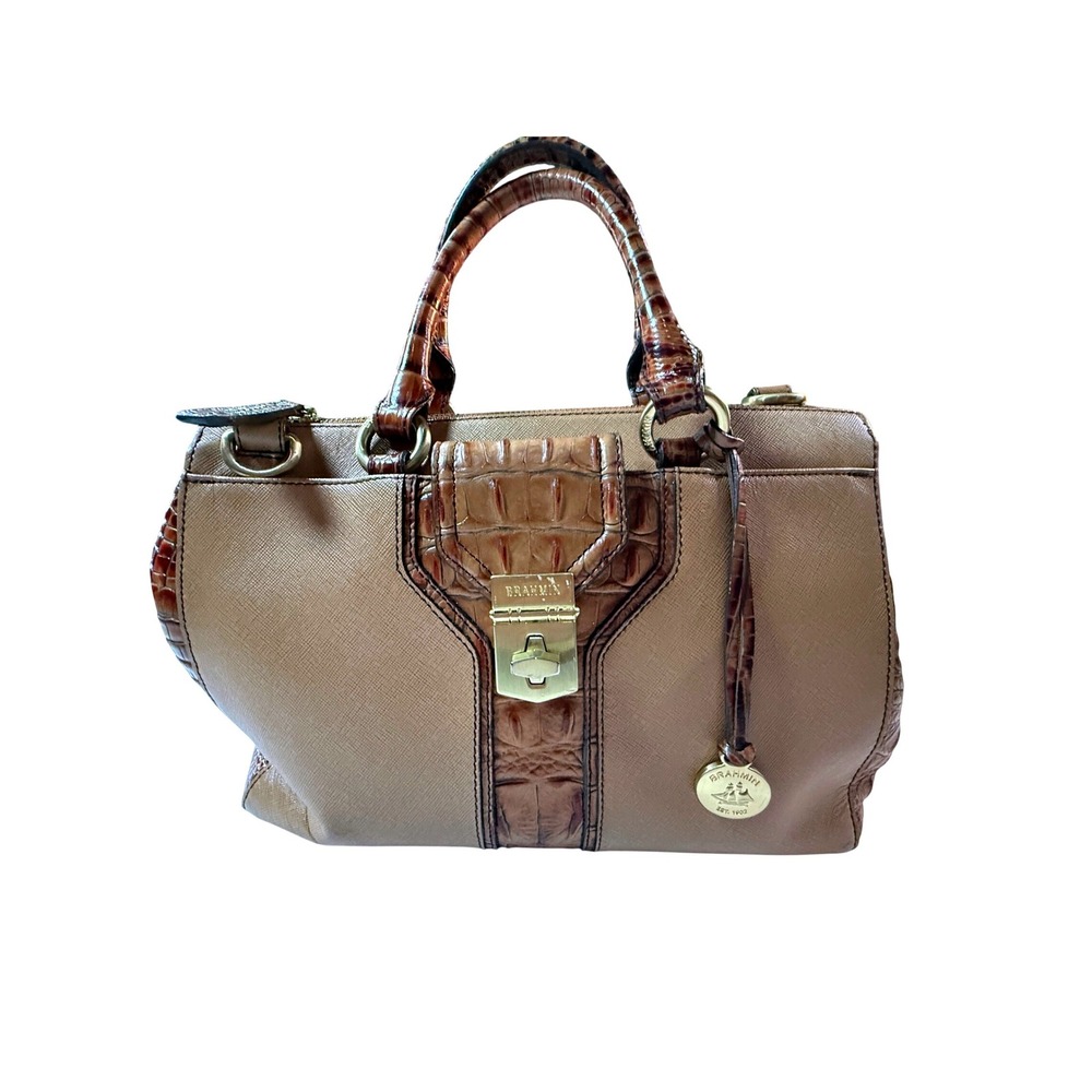 Brahmin Elisa Satchel Brown Croc Embossed Leather Top Handle Bag Turn Lock Purse